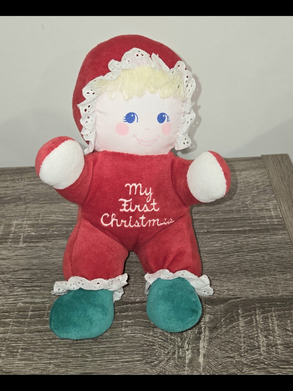 UnMarked First Christmas Plush Doll Rattle Soft Red Body Ruffle Embroidered SEE